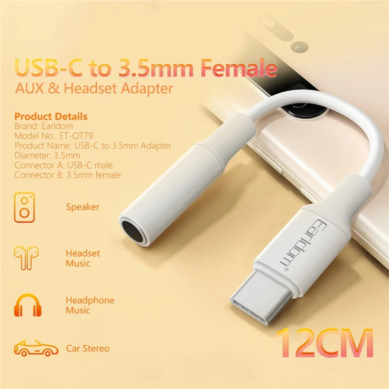EARLDOM OT79 Type-C Male to 3.5mm Female Headphone Connection Adapter