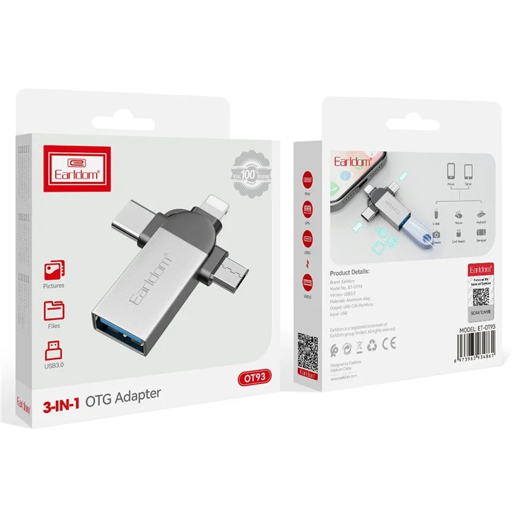 EARLDOM OT93 3-in-1 OTG Adapter 8 Pin Type-C Mirco Converter Connector