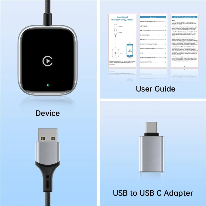 Car Wireless CarPlay Adapter Wired to Wireless CarPlay Dongle for iPhone - Black