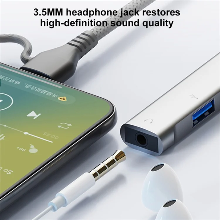 Type-C / USB-A 5-in-1 USB Hub Type-C Charging + Type-C Data + 2xUSB + 3.5mm Headset Jack Adapter - Grey