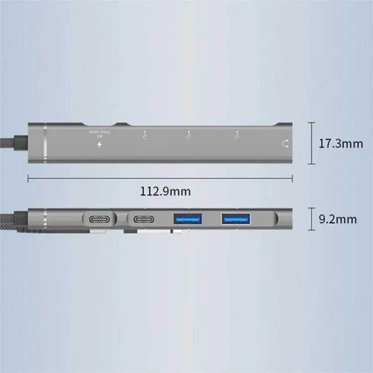 Type-C / USB-A 5-in-1 USB Hub Type-C Charging + Type-C Data + 2xUSB + 3.5mm Headset Jack Adapter - Grey