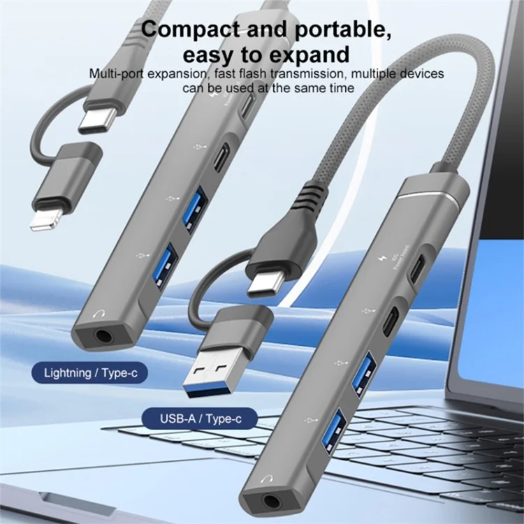 Type-C / USB-A 5-in-1 USB Hub Type-C Charging + Type-C Data + 2xUSB + 3.5mm Headset Jack Adapter - Grey