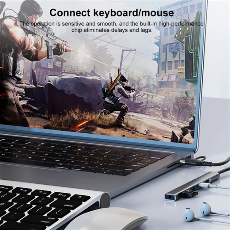 Type-C / USB-A 5-in-1 USB Hub Type-C Charging + Type-C Data + 2xUSB + 3.5mm Headset Jack Adapter - Grey