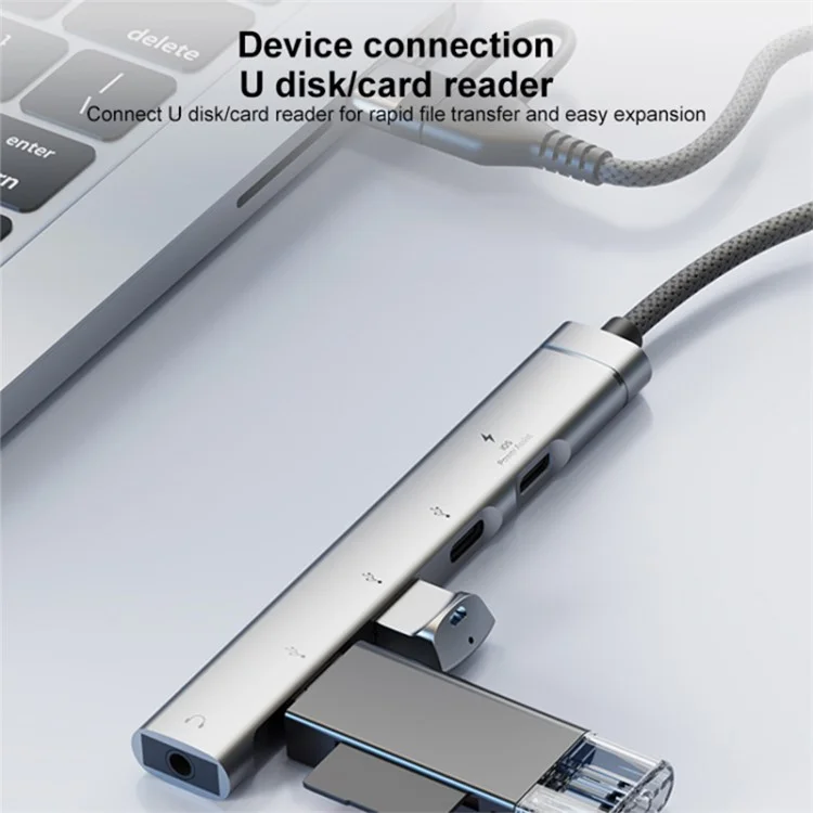Type-C / USB-A 5-in-1 USB Hub Type-C Charging + Type-C Data + 2xUSB + 3.5mm Headset Jack Adapter - Grey
