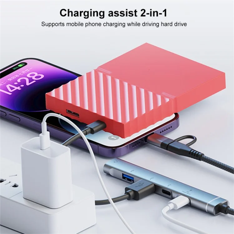 Type-C / USB-A 5-in-1 USB Hub Type-C Charging + Type-C Data + 2xUSB + 3.5mm Headset Jack Adapter - Grey