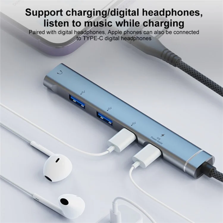 Type-C / USB-A 5-in-1 USB Hub Type-C Charging + Type-C Data + 2xUSB + 3.5mm Headset Jack Adapter - Grey