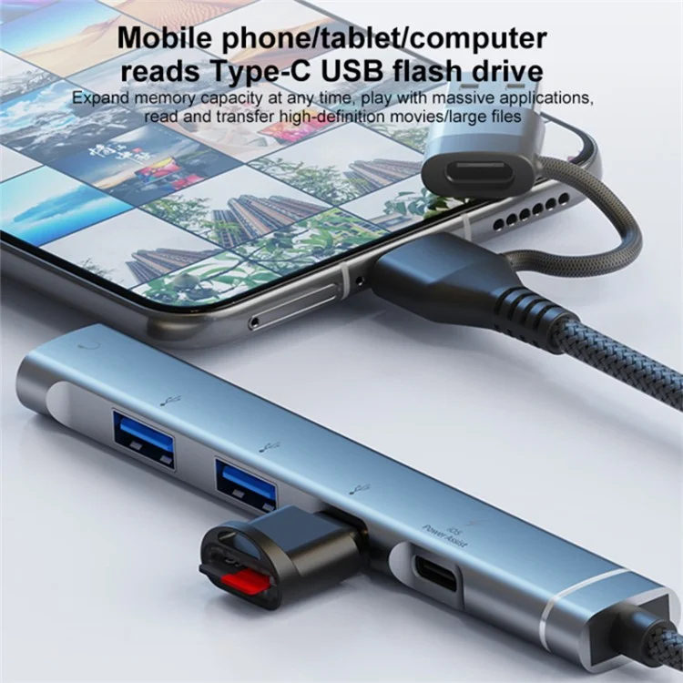 Type-C / USB-A 5-in-1 USB Hub Type-C Charging + Type-C Data + 2xUSB + 3.5mm Headset Jack Adapter - Grey