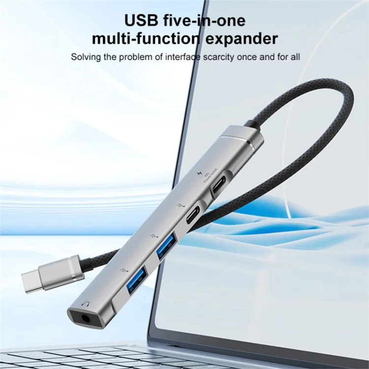 5-in-1 USB Hub Type-C to Type-C Charging + Type-C Data + 2 X USB2.0 + 3.5mm Headphone Jack Adapter - Silver