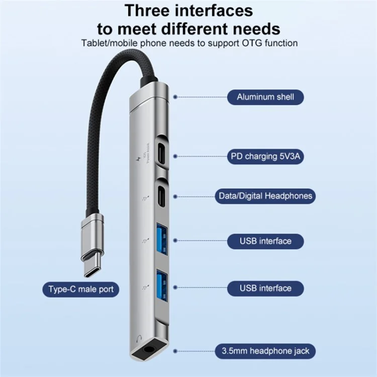 5-in-1 USB Hub Type-C to Type-C Charging + Type-C Data + 2 X USB2.0 + 3.5mm Headphone Jack Adapter - Silver