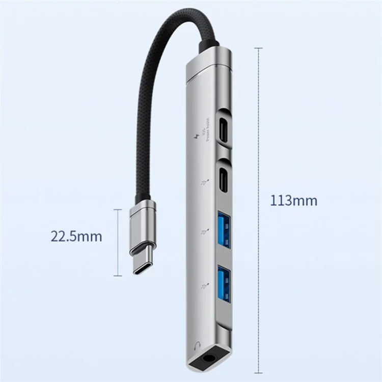 5-in-1 USB Hub Type-C to Type-C Charging + Type-C Data + 2 X USB2.0 + 3.5mm Headphone Jack Adapter - Silver