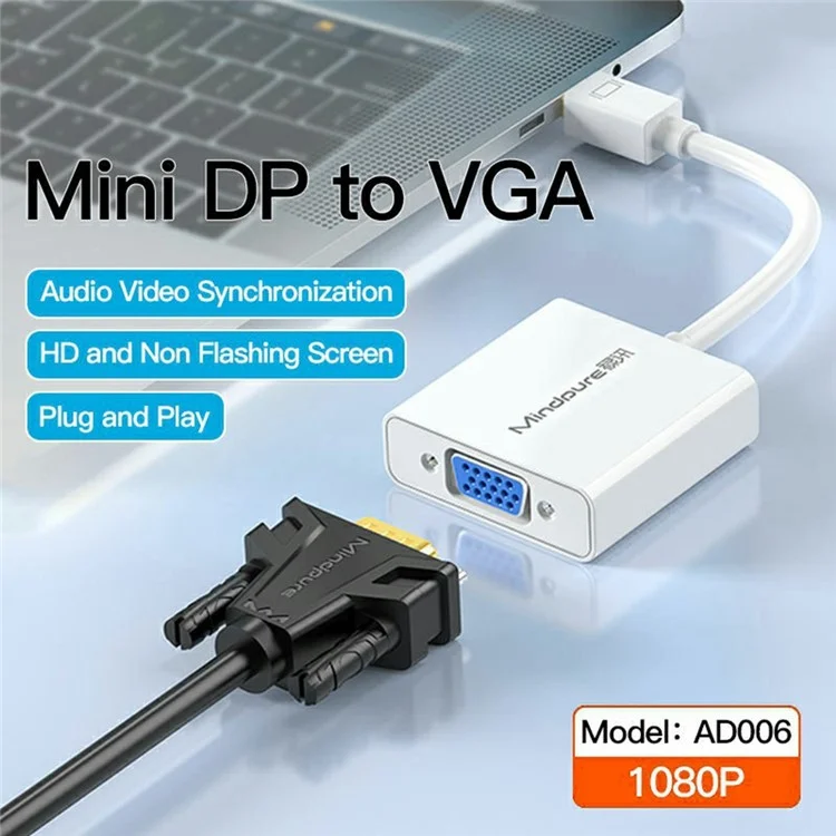 MINDPURE AD006 1080P / 60Hz Mini DP Male to VGA Female Adapter Cable for MacBook PC