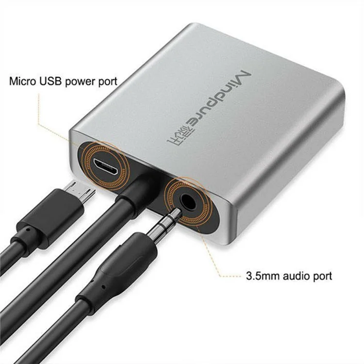 MINDPURE AD014 1920x1080P Câble de conversion VGA vers HD, Mâle vers Femelle, avec port Audio 3,5 mm + Alimentation