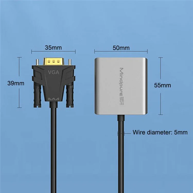 MINDPURE AD014 1920x1080P Câble de conversion VGA vers HD, Mâle vers Femelle, avec port Audio 3,5 mm + Alimentation