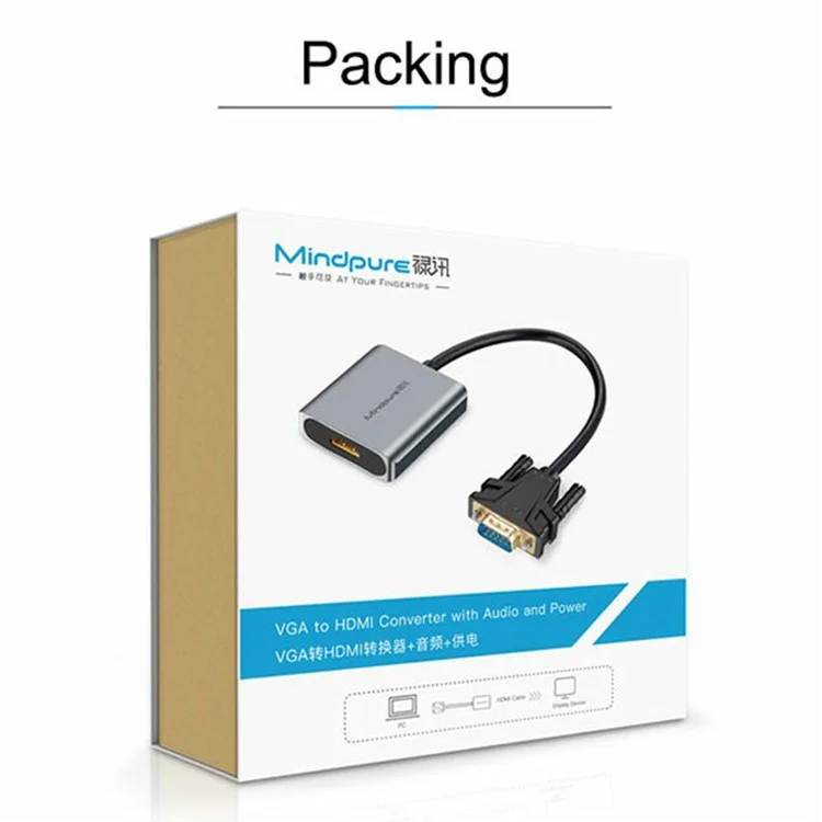 MINDPURE AD014 1920x1080P Câble de conversion VGA vers HD, Mâle vers Femelle, avec port Audio 3,5 mm + Alimentation