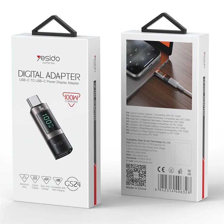 YESIDO GS24 CTOC 100W Fast Charging USB-C Extender Adapter Type-C Male to Female Converter