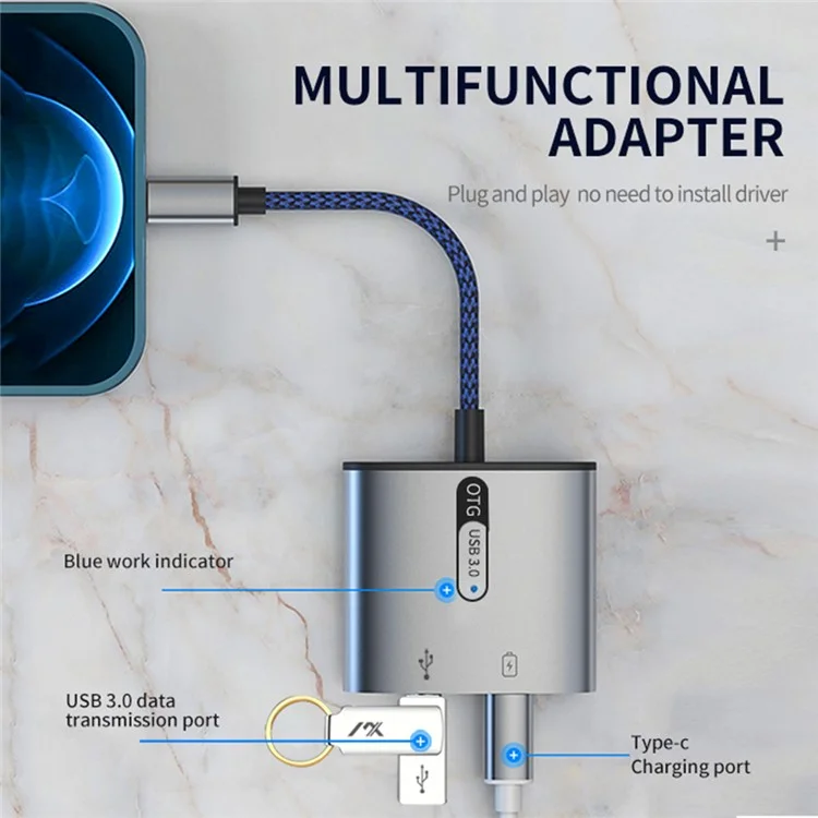 MH366 Type-C Male to USB3.0 Female + Type-C Charging Port Adapter Phone Tablet OTG Connector - Blue
