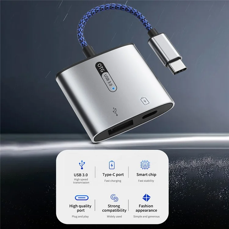 MH366 Type-C Male to USB3.0 Female + Type-C Charging Port Adapter Phone Tablet OTG Connector - Blue