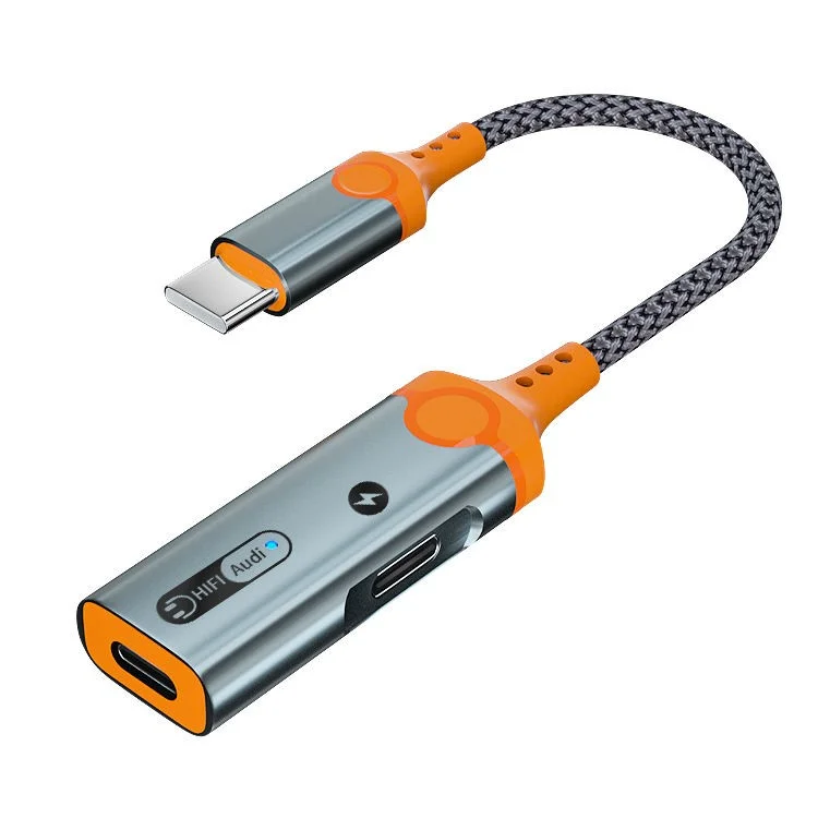 MH342 For iPhone 15 / MacBook Type-C Male to Type-C Female Audio + Type-C Female Charging Adapter Headphone Connector - Orange