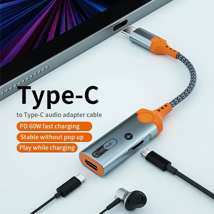 MH342 For iPhone 15 / MacBook Type-C Male to Type-C Female Audio + Type-C Female Charging Adapter Headphone Connector - Orange