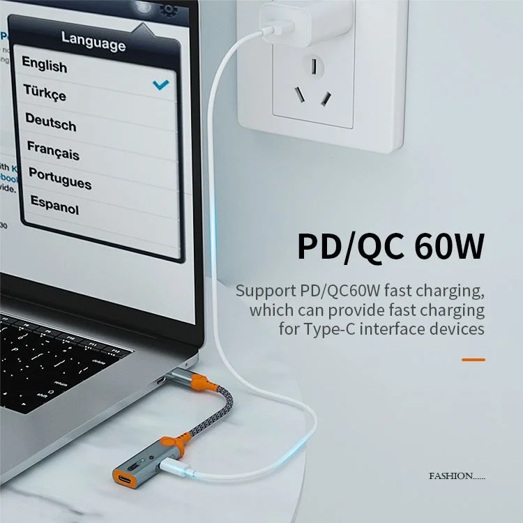 MH342 For iPhone 15 / MacBook Type-C Male to Type-C Female Audio + Type-C Female Charging Adapter Headphone Connector - Orange