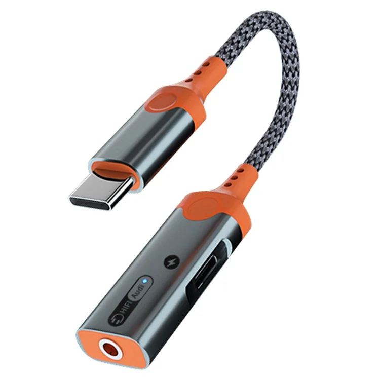 MH341 For iPhone 15 / MacBook Type-C Male to 3.5mm Audio + Type-C PD Charging Adapter Headphone Connector - Orange