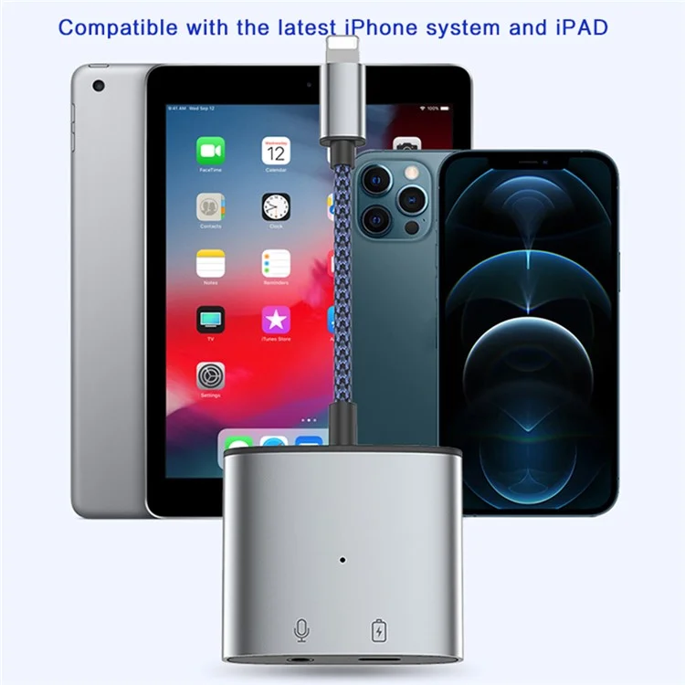 MH380 8-Pin Male to 3.5mm AUX + 8-Pin Charging Adapter Aluminum Alloy Converter