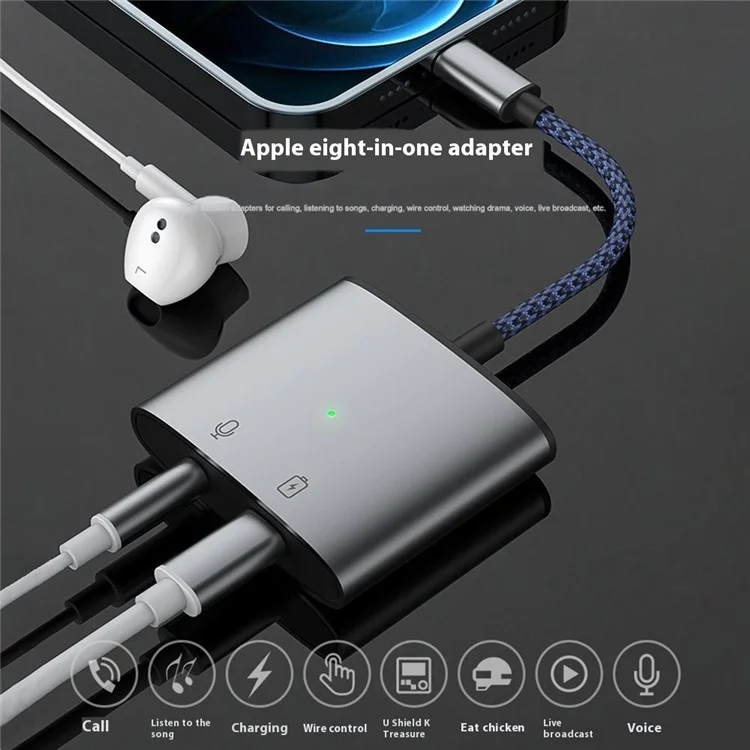 MH380 8-Pin Male to 3.5mm AUX + 8-Pin Charging Adapter Aluminum Alloy Converter