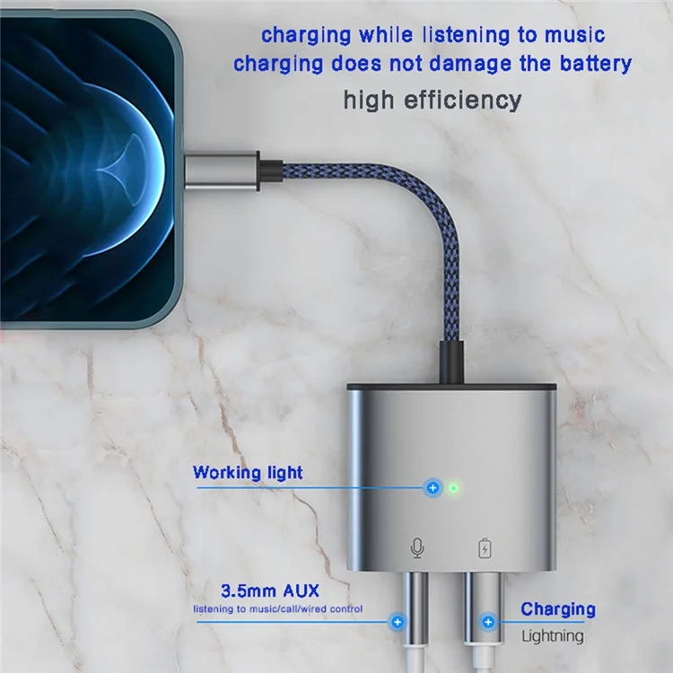 MH380 8-Pin Male to 3.5mm AUX + 8-Pin Charging Adapter Aluminum Alloy Converter