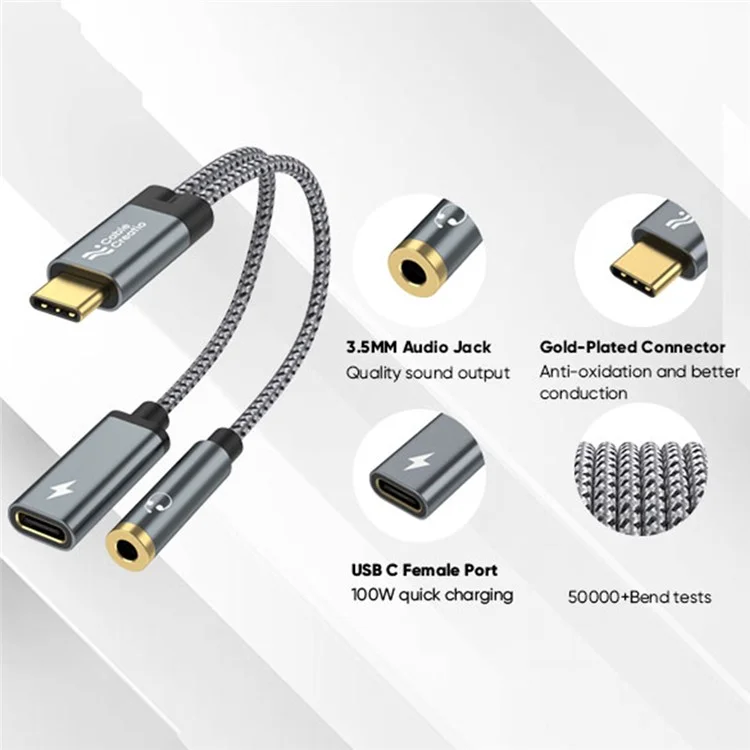 CABLECREATION CD0857 2-in-1 Type-C Gold-Plated Male to Type-C Female + 3.5mm Female Adapter Cable