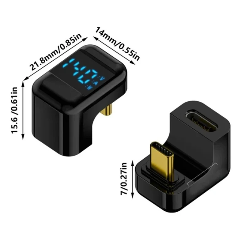 Adattatore di tipo U Shape Type-C maschio a femmina PD 140W per ricarica rapida e trasferimento dati con display digitale - Nero