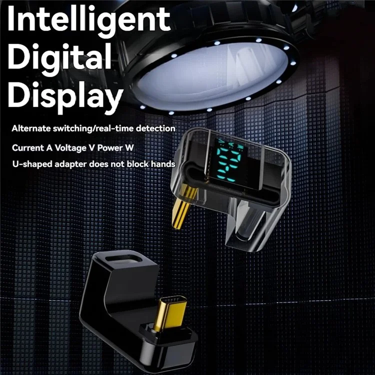 Adattatore di tipo U Shape Type-C maschio a femmina PD 140W per ricarica rapida e trasferimento dati con display digitale - Nero