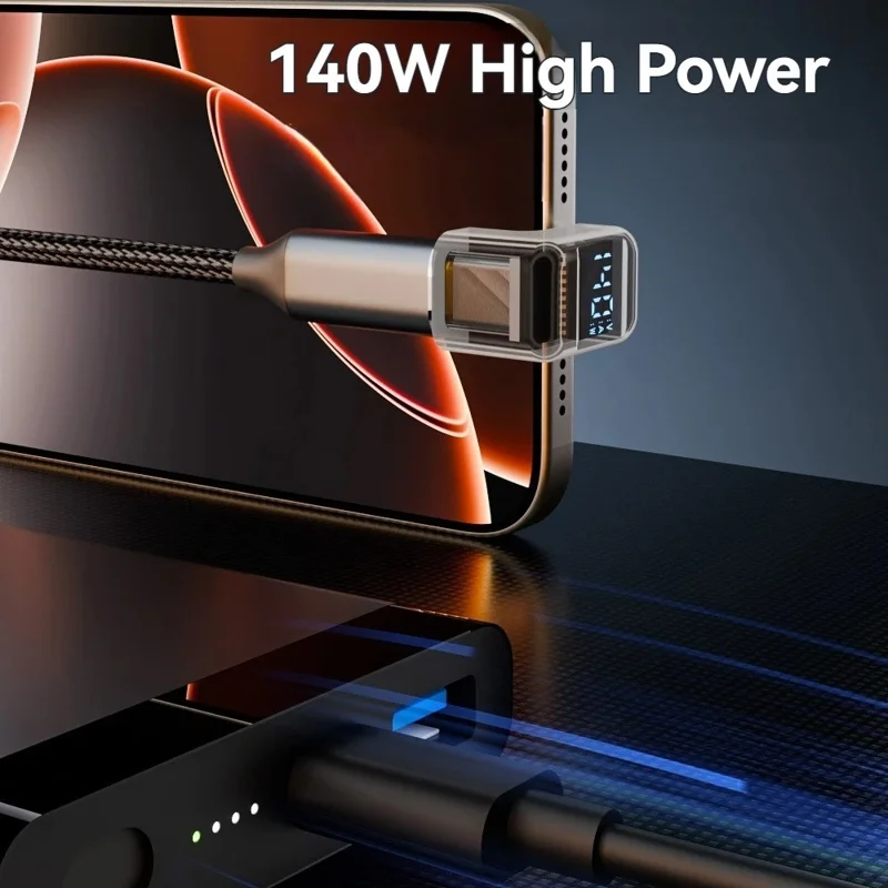 Adattatore di tipo U Shape Type-C maschio a femmina PD 140W per ricarica rapida e trasferimento dati con display digitale - Nero