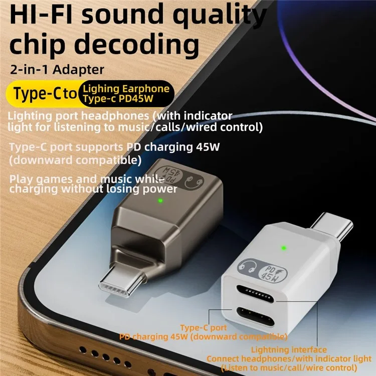 Para iPhone 16 / 15 Type-C a iP + Type-C PD 45W Carga rápida Adaptador de auriculares HiFi Sound - Deslustrado