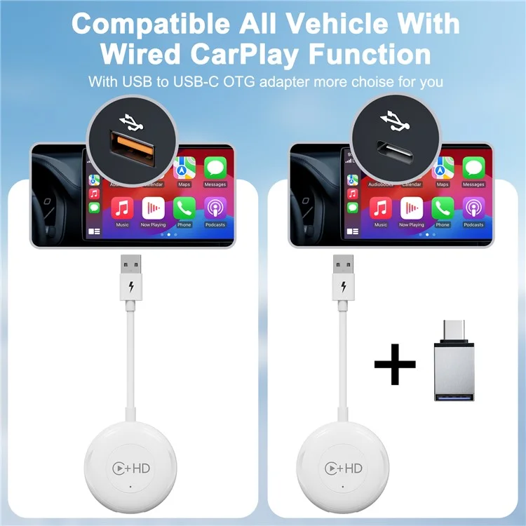 020-6-1 USB Plug Carplay Adapter with HD Female Port Wireless Multimedia Player for iPhone - White