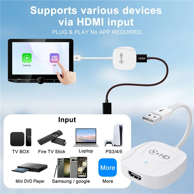 020-7-1 Wired to Wireless USB Plug Carplay Adapter with HD Female Port Multimedia Player for iPhone - White