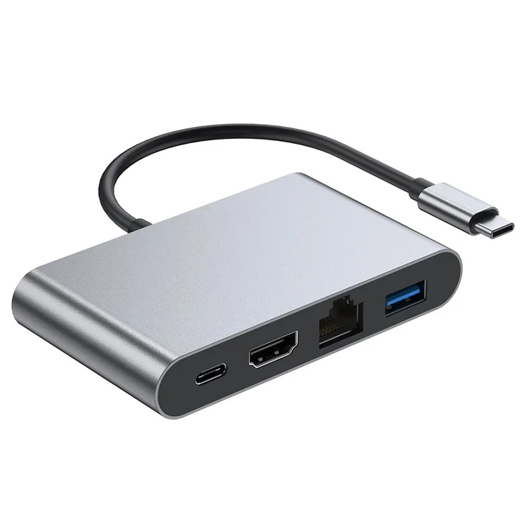 Hub tipo C de carcaça de alumínio 2322 com RJ45 + 4K/30HZ HD + USB 3.0 + Porta de carregamento PD 100W