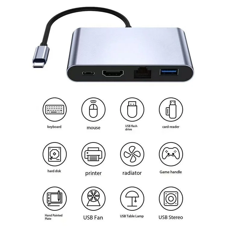 Hub tipo C de carcaça de alumínio 2322 com RJ45 + 4K/30HZ HD + USB 3.0 + Porta de carregamento PD 100W