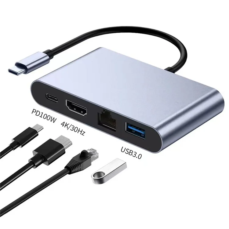 Hub tipo C de carcaça de alumínio 2322 com RJ45 + 4K/30HZ HD + USB 3.0 + Porta de carregamento PD 100W