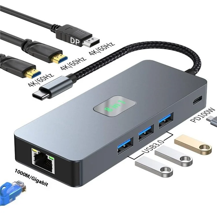 Concentrateur de type-C 2401 8-en-1 avec station d'accueil, Ethernet Gigabit, 3x USB 3.0, 2x HD, DP, port PD 100W