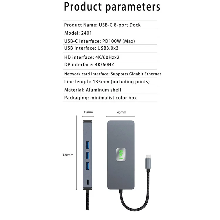 Concentrateur de type-C 2401 8-en-1 avec station d'accueil, Ethernet Gigabit, 3x USB 3.0, 2x HD, DP, port PD 100W