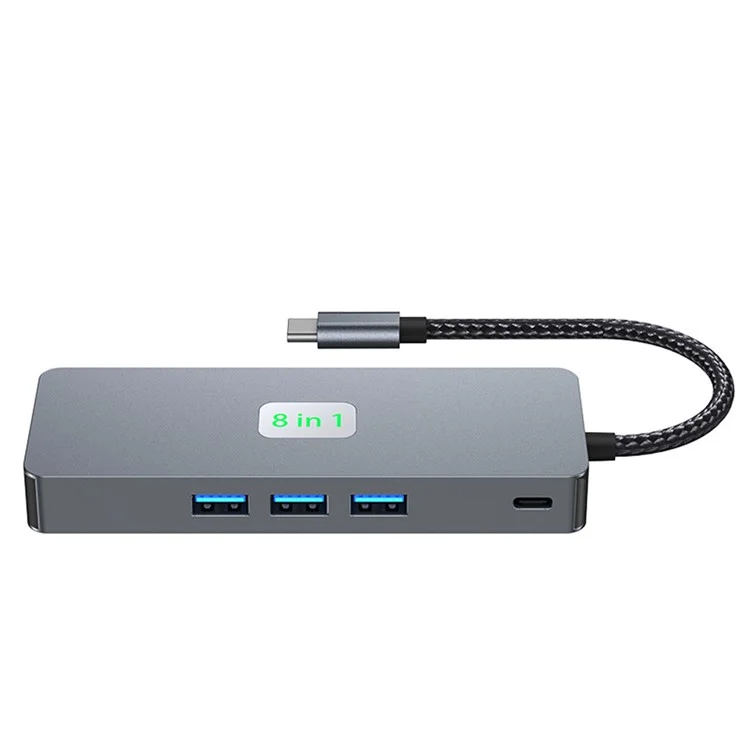 Concentrateur de type-C 2401 8-en-1 avec station d'accueil, Ethernet Gigabit, 3x USB 3.0, 2x HD, DP, port PD 100W