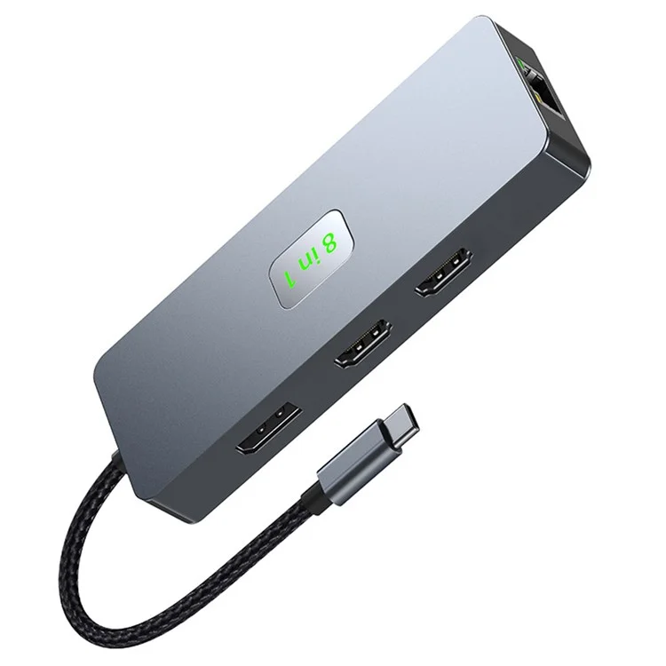 Concentrateur de type-C 2401 8-en-1 avec station d'accueil, Ethernet Gigabit, 3x USB 3.0, 2x HD, DP, port PD 100W
