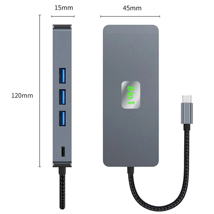 Concentrateur de type-C 2401 8-en-1 avec station d'accueil, Ethernet Gigabit, 3x USB 3.0, 2x HD, DP, port PD 100W