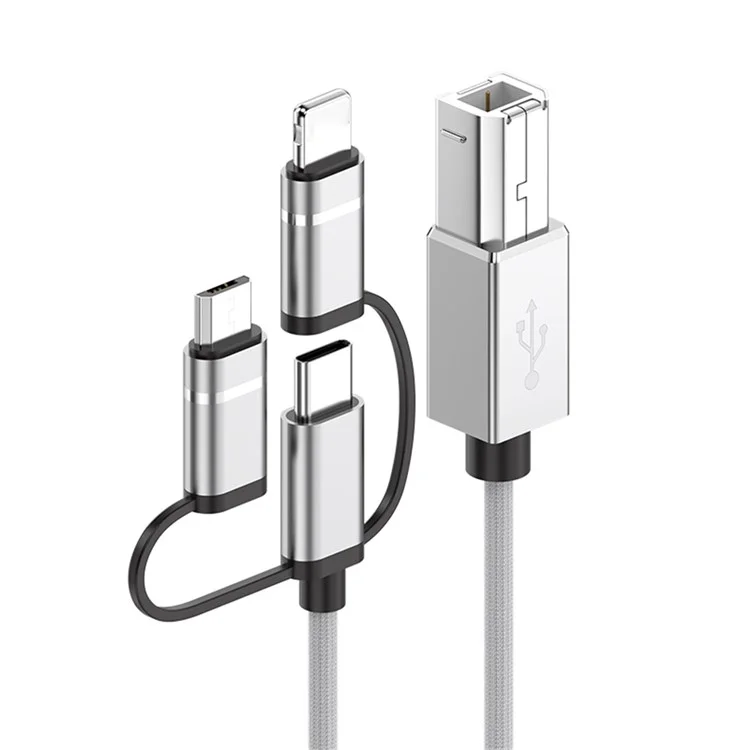 1m Plug and Play 3-in-1 iP + Type-C + Micro USB to MIDI Cable for Printer / Electric Piano / Keyboard / Mixer - Silver