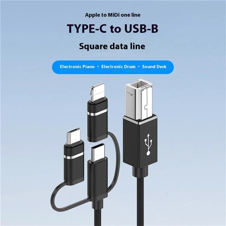 1m Plug and Play 3-in-1 iP + Type-C + Micro USB to MIDI Cable for Printer / Electric Piano / Keyboard / Mixer - Silver