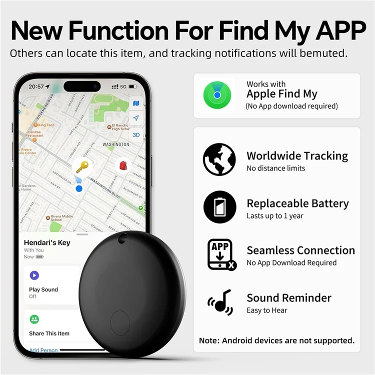 F08 Traceur GPS intelligent anti-perte rond et mini, localisateur mondial fonctionnant avec Apple Find My - Noir