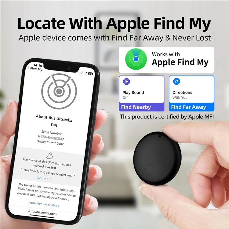 F08 Traceur GPS intelligent anti-perte rond et mini, localisateur mondial fonctionnant avec Apple Find My - Noir
