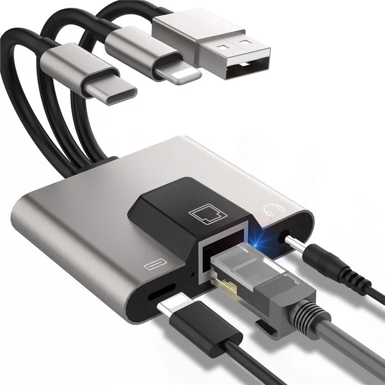 Adaptateur Ethernet 3 en 1 NK-1056S iP / USB-A / Type-C avec prise audio 3,5 mm pour Windows / Mac OS / Téléphone / Tablette