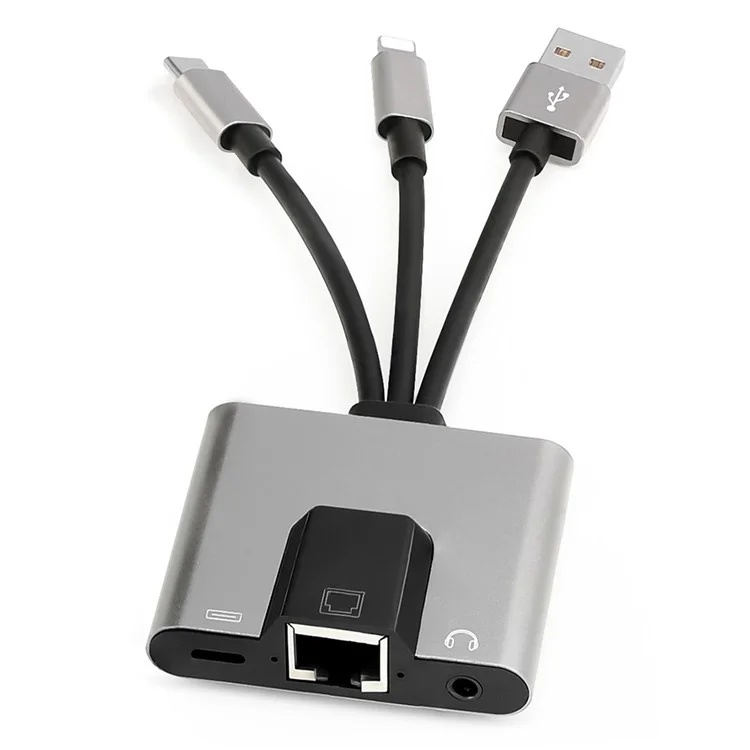 Adaptateur Ethernet 3 en 1 NK-1056S iP / USB-A / Type-C avec prise audio 3,5 mm pour Windows / Mac OS / Téléphone / Tablette