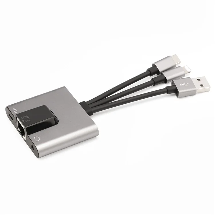 Adaptateur Ethernet 3 en 1 NK-1056S iP / USB-A / Type-C avec prise audio 3,5 mm pour Windows / Mac OS / Téléphone / Tablette